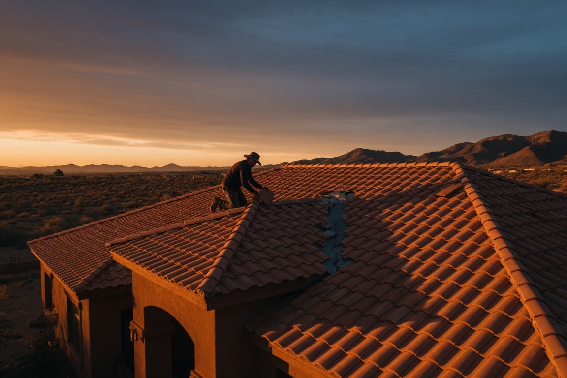 Roofer installing terracotta tiles at golden hour in El Paso